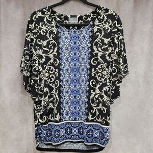 M Collection Blue, Black, White patterned Top, Blouse. Size: M